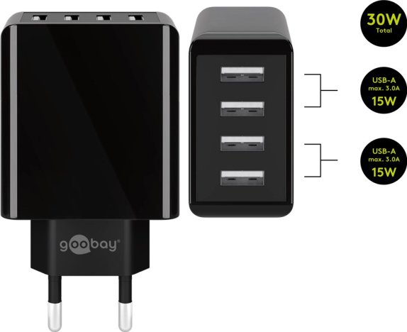 Incarcator de retea Goobay cu 4 porturi USB, 30W, design slim, negru